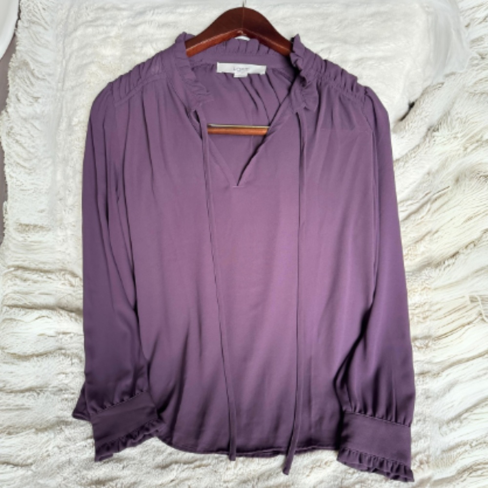 LOFT Ruffle Tie Neck Purple Dressy Long Sleeve Blouse Small